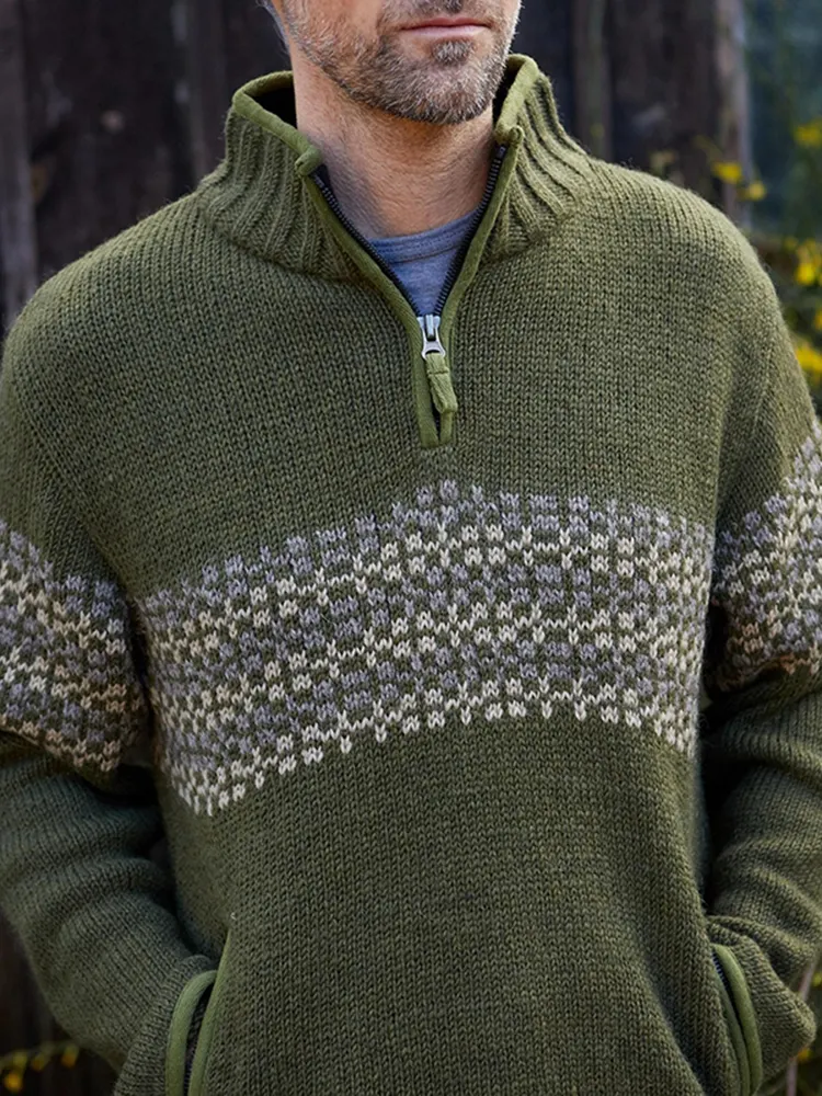 Vintage Warmth Norwool Icelandic Knit Jacquard Half Zip Collar Sweater（Unisex ）
