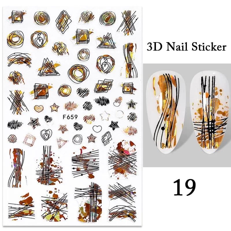 1PC iridescent Gold Black White 3D Nail Sticker Leaves Geometric Tropical Beach Decals DIY Slider Decoration Manicures-Nail Inspo