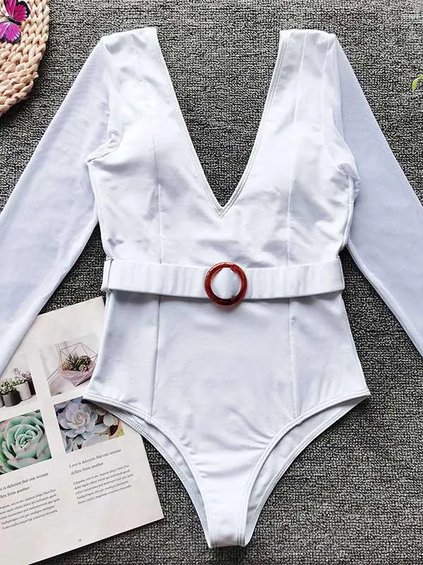 Solid Color Long Sleeve Split-Joint Belted One-Piece Wetsuit