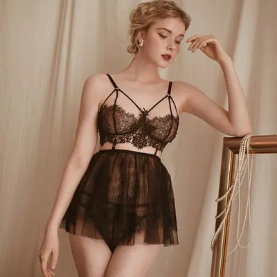 Sexy Lace Bra and Panty Set with Garter Belt Women's Lingerie Y-Line Adjustable Shoulder Strap Transparent Brief Bra Sets