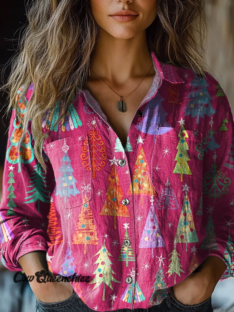 Women&rsquo;s Pink Christmas Tree Art Print Casual Long Sleeve Comfortable Cotton Shirt Multicolor / S