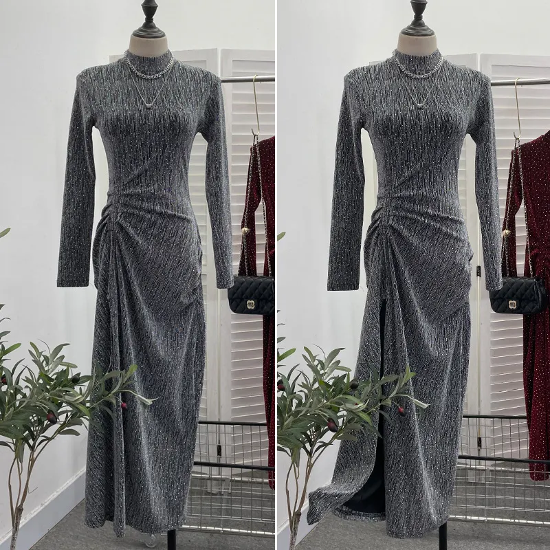 Churchf Design Sexy High Open Fork Folded Small Squint Dress Half-High Collared Shoulder Dress 8872