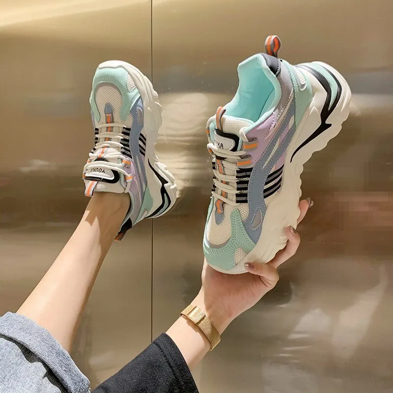 Women White Shoes Breathable Comfortable Light Weight Sneakers 2021 Platform Shoes Fashion Chunky Spring Autumn Lace Up