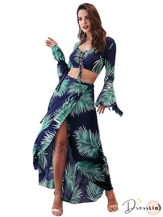 Sexy Two-Piece Lace Up Flare Sleeve Floral Printed Crop Tops Skirts Outfits