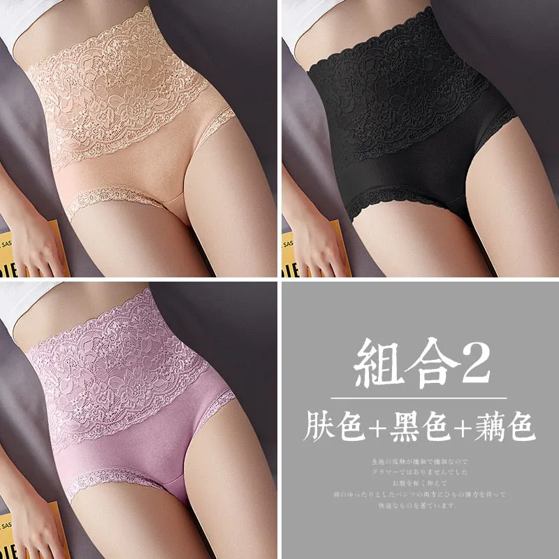 Women Lace Panties High Fit Cotton Panties High Waist Underwear Body Shaping Sexy Lingerie Slimming Tummy Control Pants 3Pcs