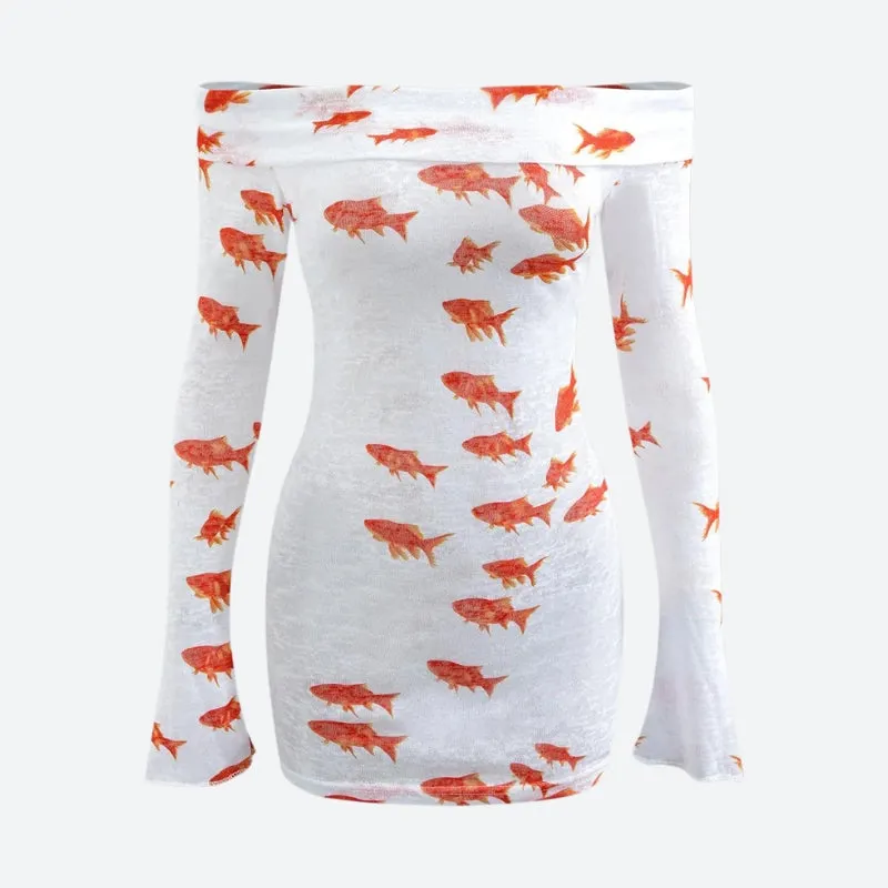Brownm Fish Printed Mesh Mini Dress