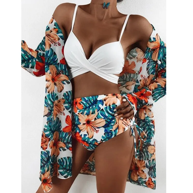 2022 Sexy Bikinis And Cover Set Women Swimsuit Printed Swimwear High Waist Summer Strappy Bathing Suit Beach Wear Biquini Female