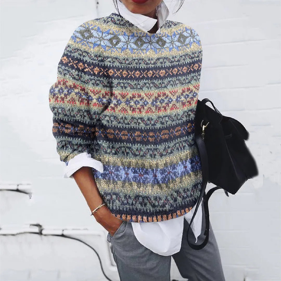 Vintage Geometric Ethnic Pattern Print Crew Neck Sweater