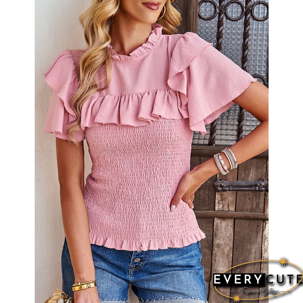 Pink Drawstring Ruffle Short Sleeve Pleated Blouse