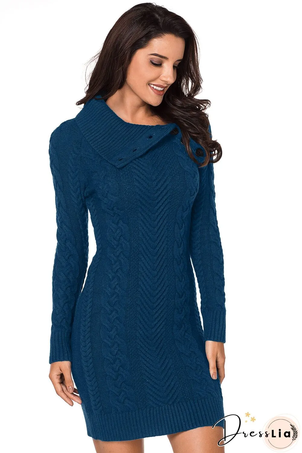 Long Sleeve Knitted Button Neck Sweater Mini Dress