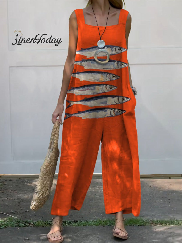 Women&rsquo;s Vintage Lovely Fish Art Print Casual 100% Cotton Wide Leg Jumpsuit Orange / S