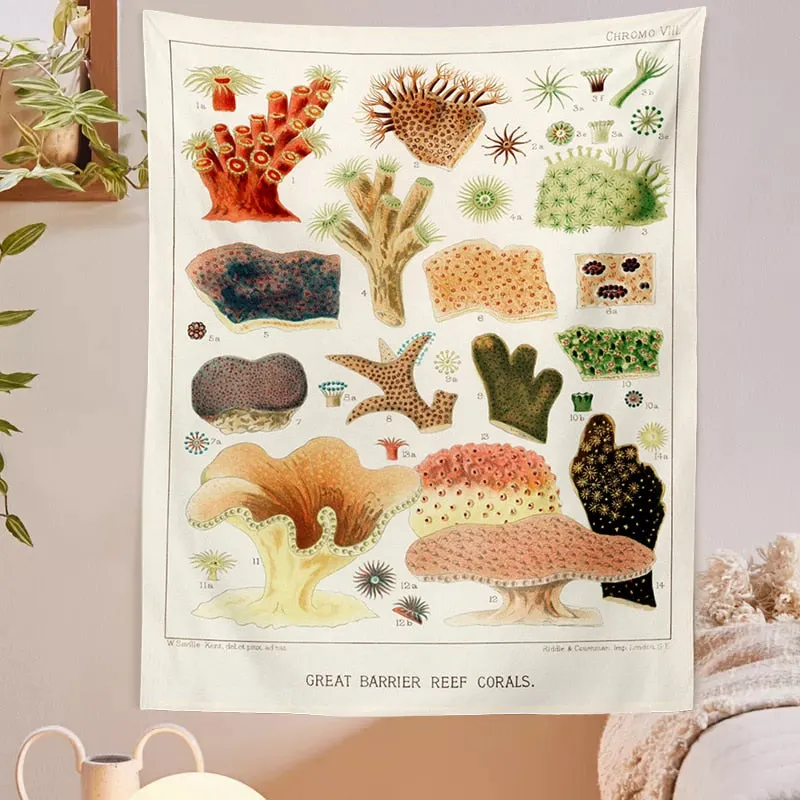 Vintage Mushroom Tapestry Wall Hanging Botanical Print Floral Illustration Sea Life Art Tapestry Wall Decor Hanging Home Decor