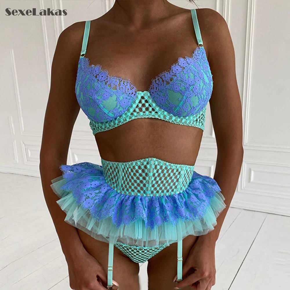 Billionm Sexy Lingerie Women Intimates Lace Underwear Set Push Up Bra Fish Net Nightwear Mesh Sheer See Through Sets Patchwork Color