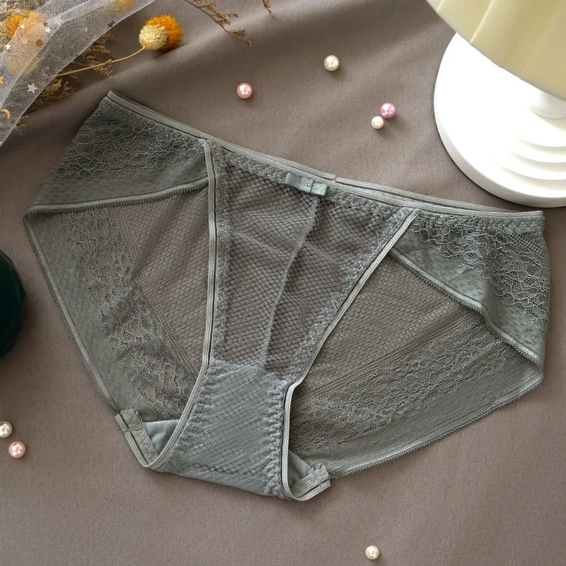 Billionm Women's Sexy Lace Panties Ladies Plus Size Mid-waist Ice Silk Cotton Panties Girly Seamless Transparent Panties Briefs