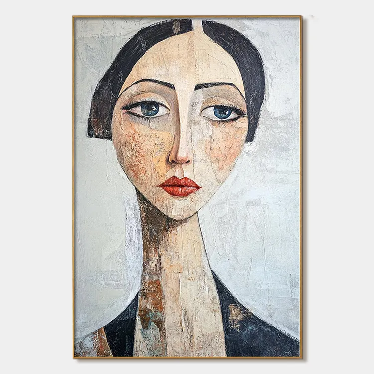 SERENE GAZE: Textured Figurative Portrait Oil Painting（Canvas painting）