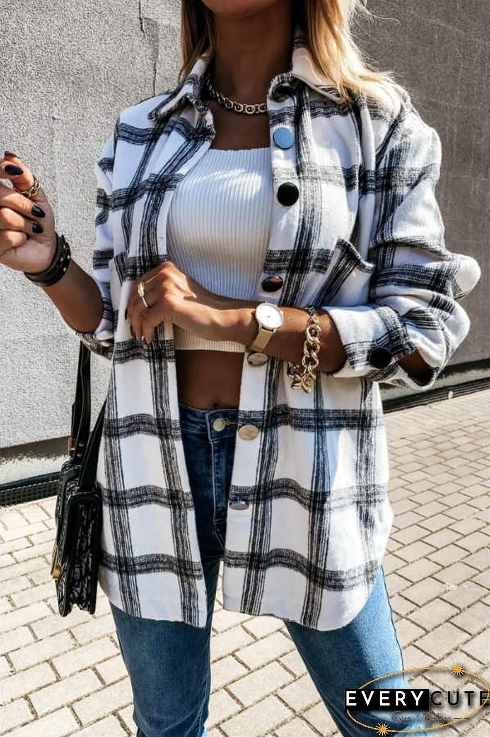 Fashion Casual Plaid Splicing Button Pocket Shirt