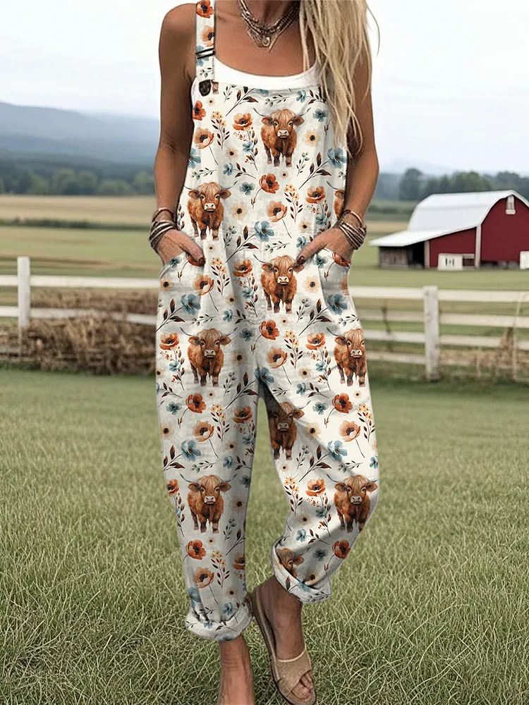 Women's Highland Cow Print Casual Wide Leg Jumpsuit