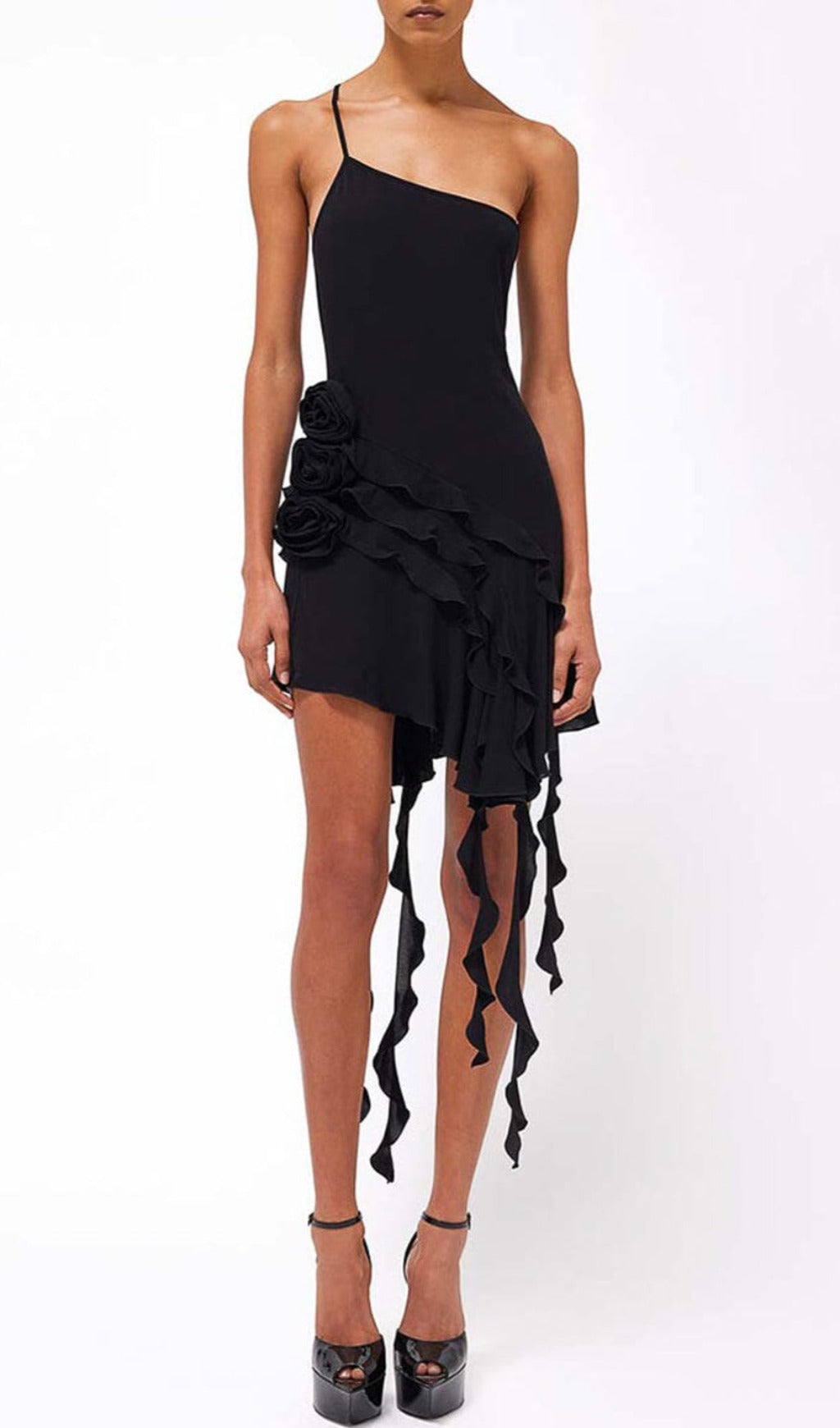 Fashionslee WomenRose-Detail Ruffled Mini Dress In Black