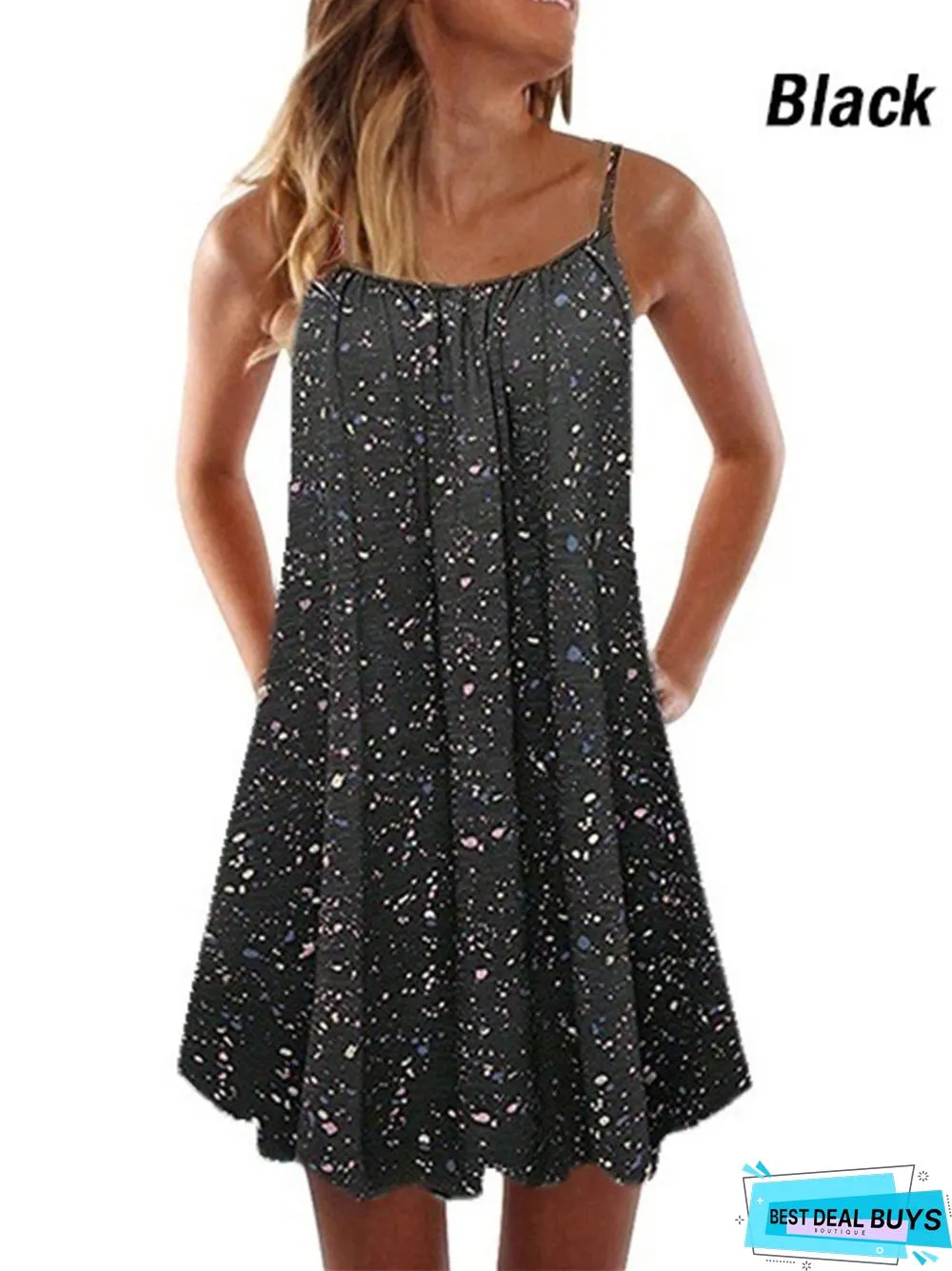 Printed Pleated Large Hem Loose Suspender Dress Black Dresses