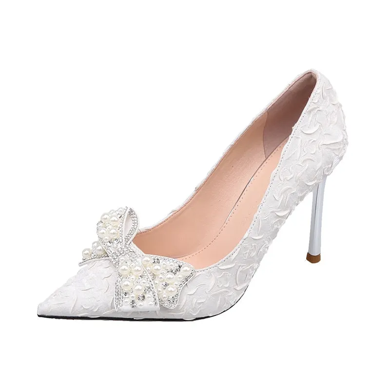 Ladies Sexy Stiletto Heel Pearl Wedding Shoes Bride Thin High Heels White Pumps Women 2022 Pointed Toe Dress Party Shoes