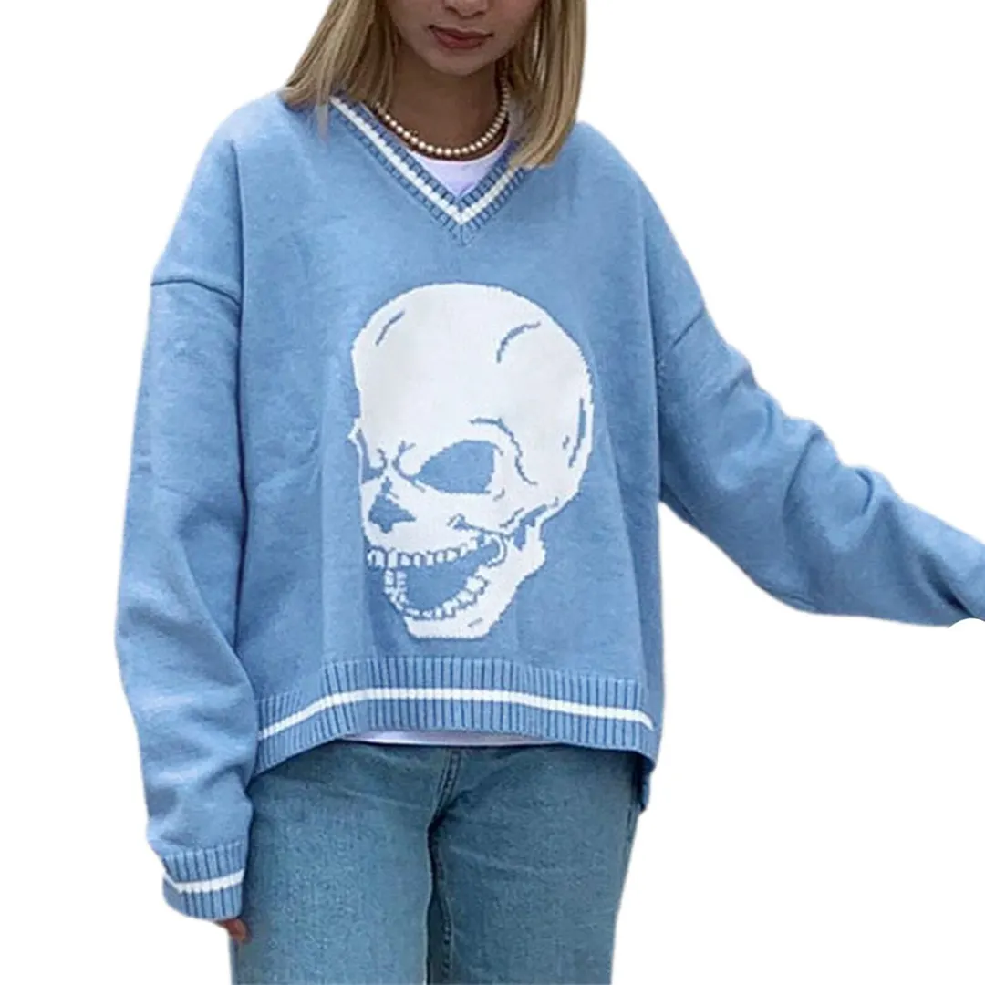 Gothic V-neck Sweater Loose Long Sleeve Shopping Daily Knitwear Women Skull Demon Print Pullover Fashion Y2K Jumper Streetwear