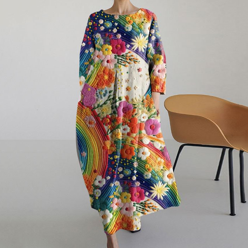 Colorful Embroidered Floral Art Vintage Long Sleeve Midi Dress artswardrobe