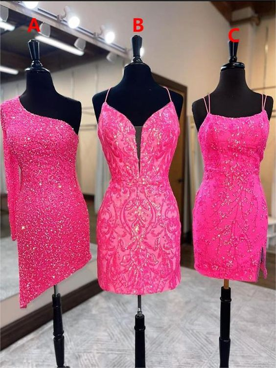 Lussooy Chic Fuchsia Sequins Embroidery One Piece Short Mini Homecoming Dress  