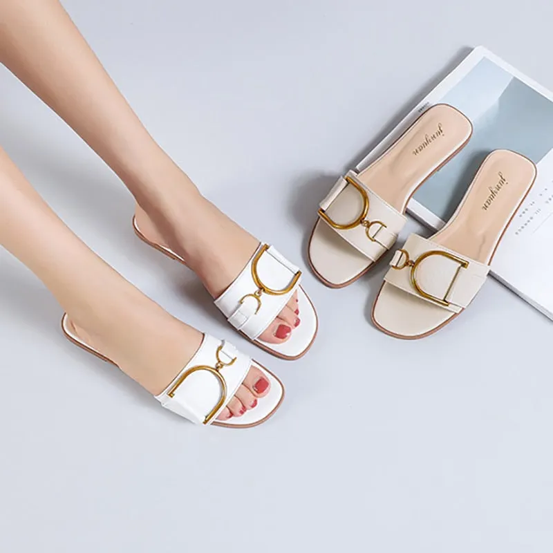 miaoguan New Womens Slippers Leather Square Toe Flats Flip Flops Ladies Slides Summer Sandals Women Shoes Zapatos Fashion Shoes