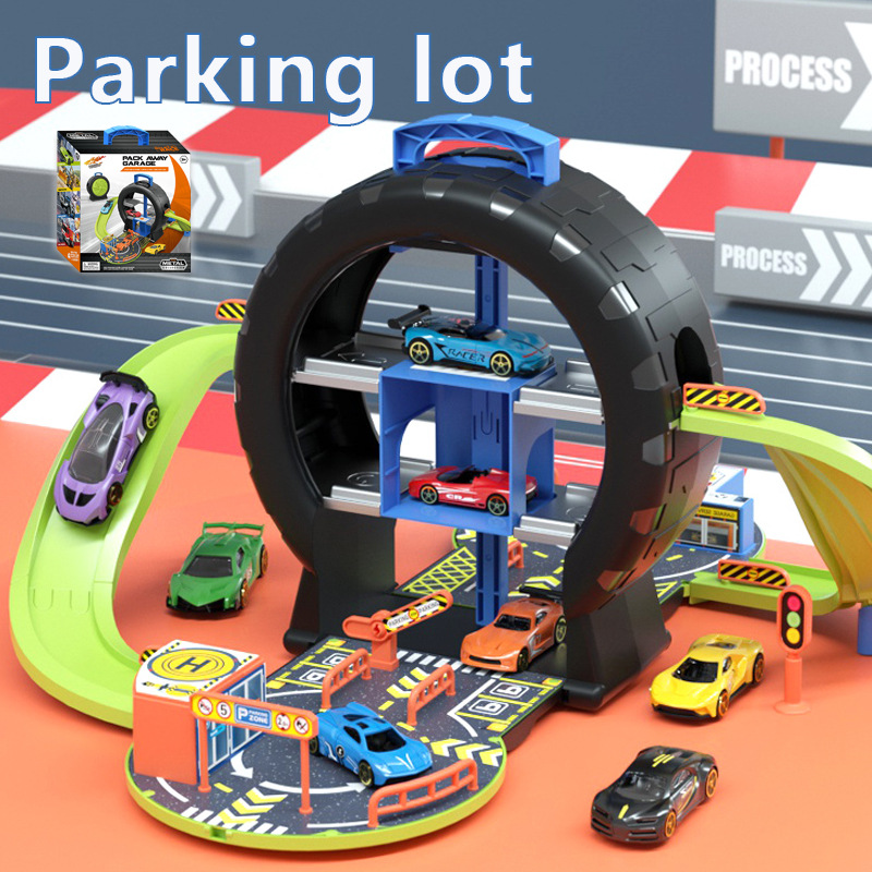 Children Portable Double Layers Tire Parking Lot Racing Track Toy Alloy Car Model Racing Rail Car Birthday Gifts