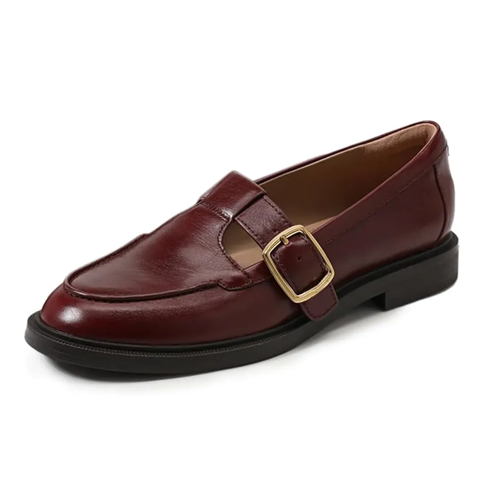 Brown Vegan Leather Round Toe Flat Comfy Loafers for Women