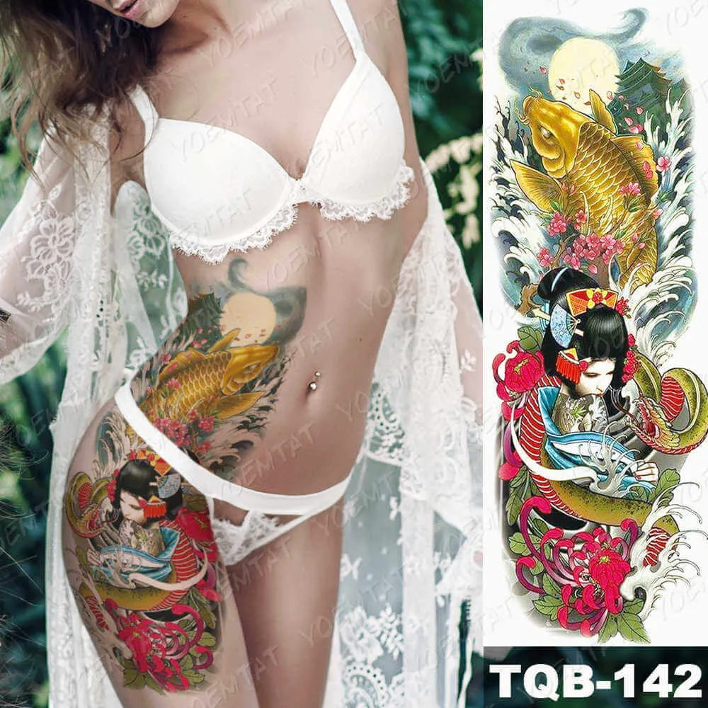 Large Arm Sleeve Tattoo Japan Samurai Waterproof Temporary Tatto Sticker Geisha Waist Leg Body Art Full Fake Tatoo Women Men