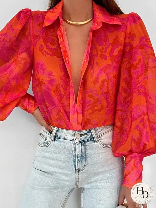 Blouses Loose Print Button Balloon Sleeve Blouse for Women