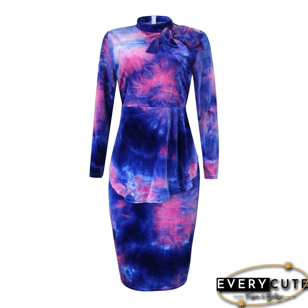 Pink Korea Velvet Bowknot Detail Plus Size Dress