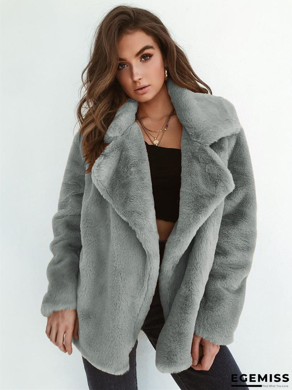 Fashion Solid Color Sexy Plush Lapel Coat | EGEMISS