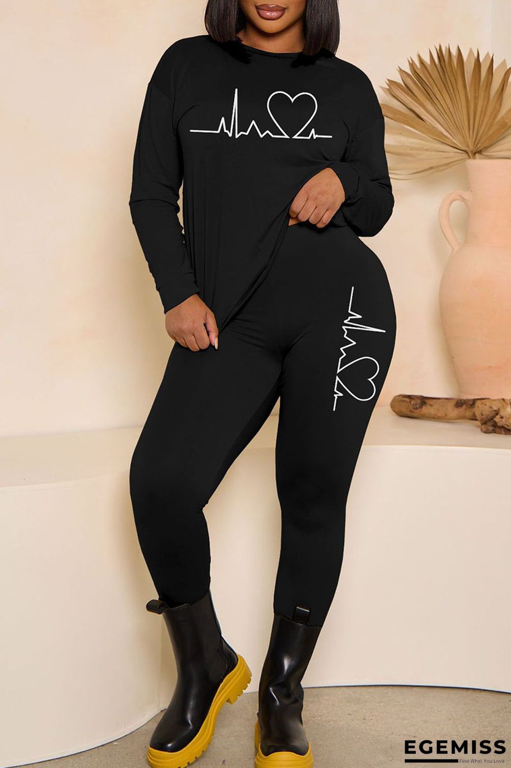 Black Casual Print Patchwork O Neck Long Sleeve Two Pieces | EGEMISS