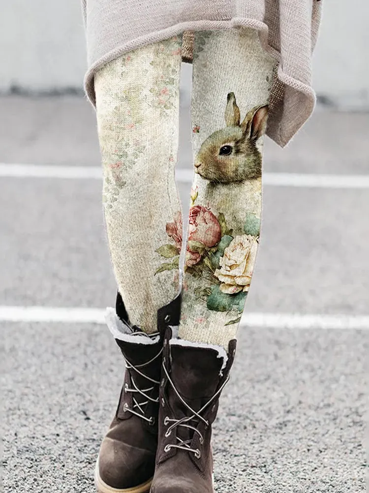 Vintage Bunny Floral Art Cozy Leggings