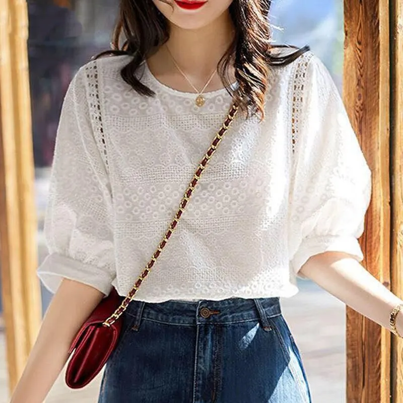 Summer New 2021 Korean Fashion Women's Lantern Sleeve Loose Shirts Embroidery Cotton Lace O-neck Casual Blouses Plus Size 13440