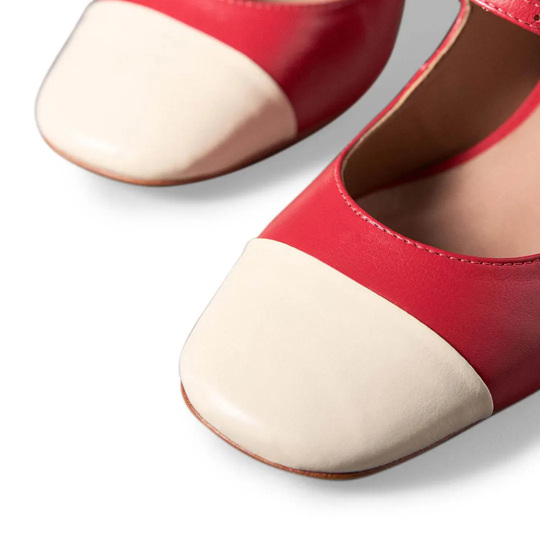 Vegan Leather Red Square Toe Strap Mary Janes with Decorative Heel