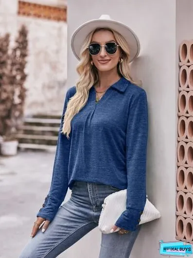 Decorative Button Johnny Collar Long Sleeve Blouse
