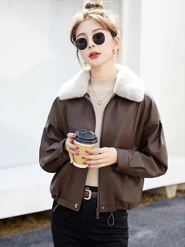 Athvotar Athvotar Fur Collar Plus Velvet Coat Women 2025 Winter New Small Loose PU Locomotive Jacket Jacket