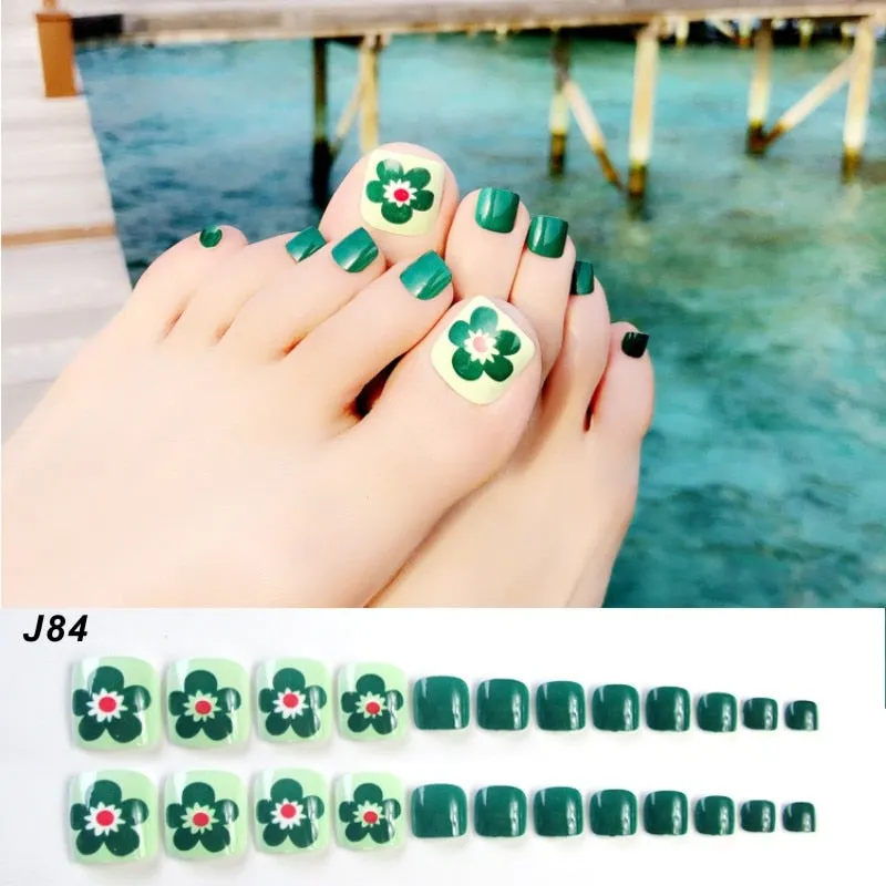 24Pcs Pretty Summer Beach Toes False Nails Rhinestone Pre-design Full Cover Red Foot Artificial Fake Nails with Glue Nail Beauty-Nail Inspo