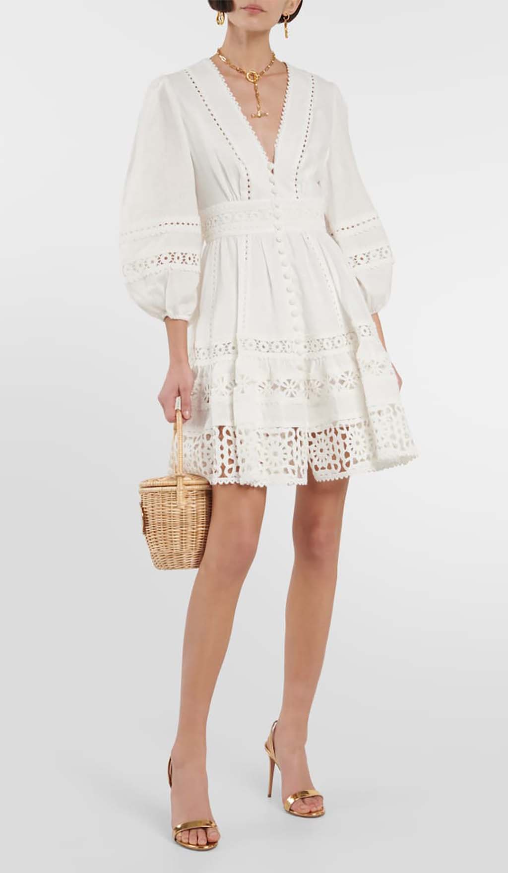 Plunging Neck Lace Mini Dress In White Flowering Girl