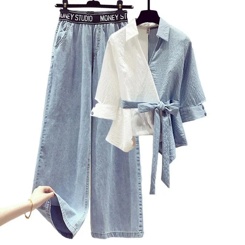 Uveng Uveng Plus Size Women's Spring Set Women's Fake Two Shirts Skinny Jeans Two-Piece Set