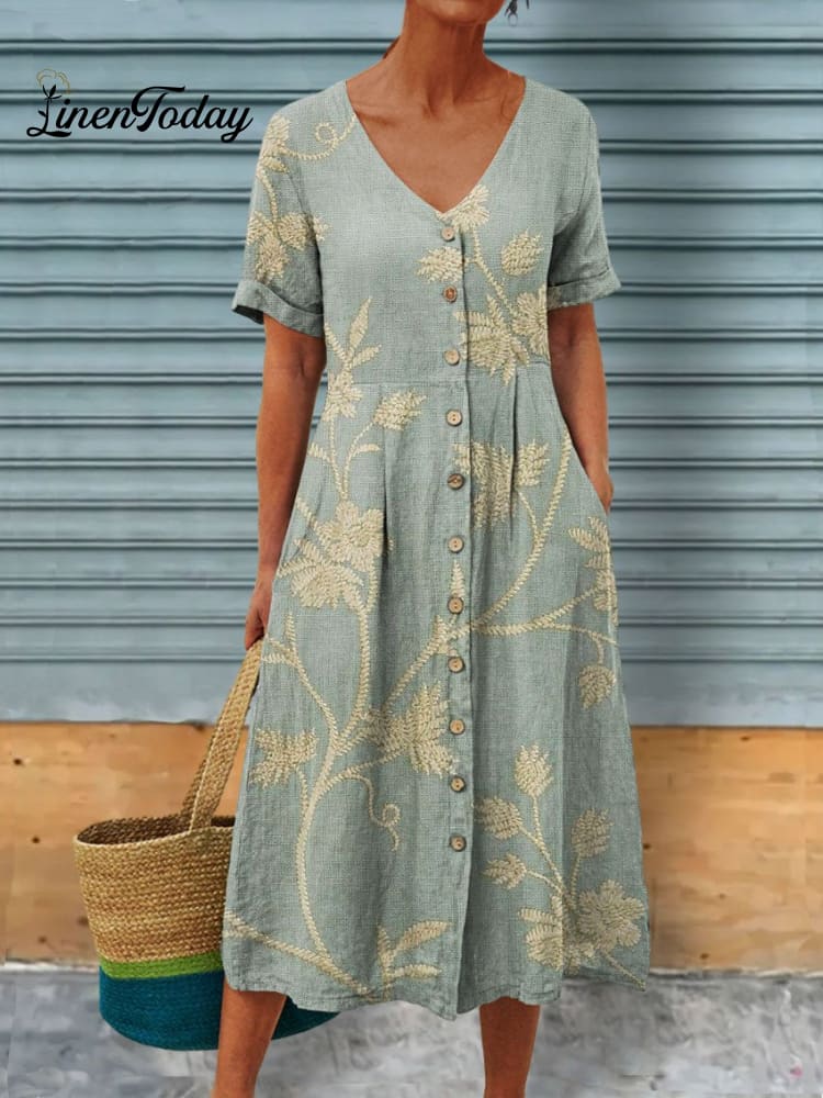 Women&rsquo;s Vintage Elegant Floral Art Pattern Print Casual Linen Pocket Tunic Dress Multicolor / S
