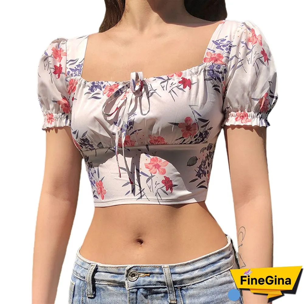 Summer New Fashion Sexy Floral Short Sleeve T-Shirts Summer Square Neck Tops Women Casual Exposed Navel Street Wear