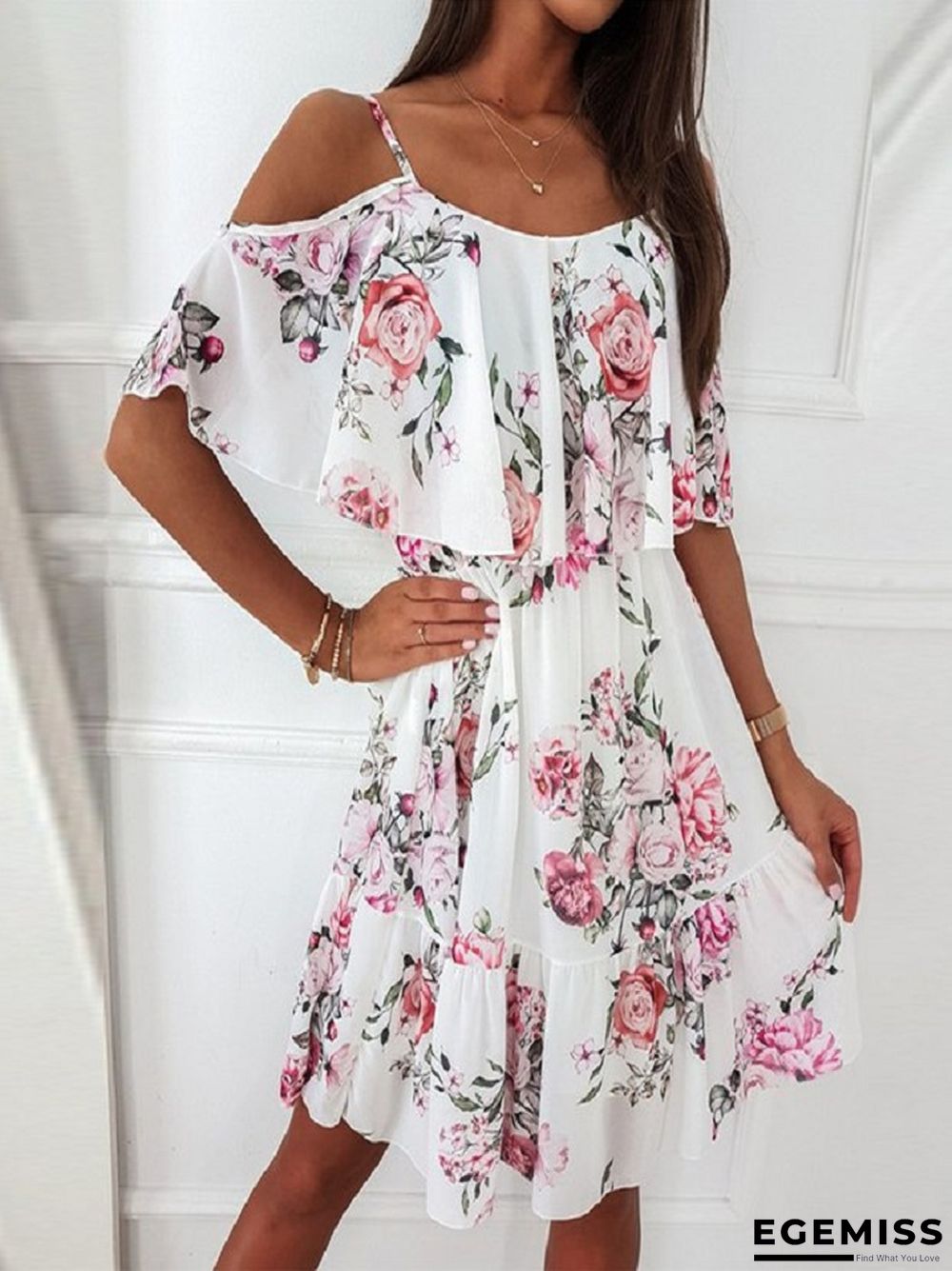Chiffon Print Suspender Off Shoulder Dress White Dresses | EGEMISS