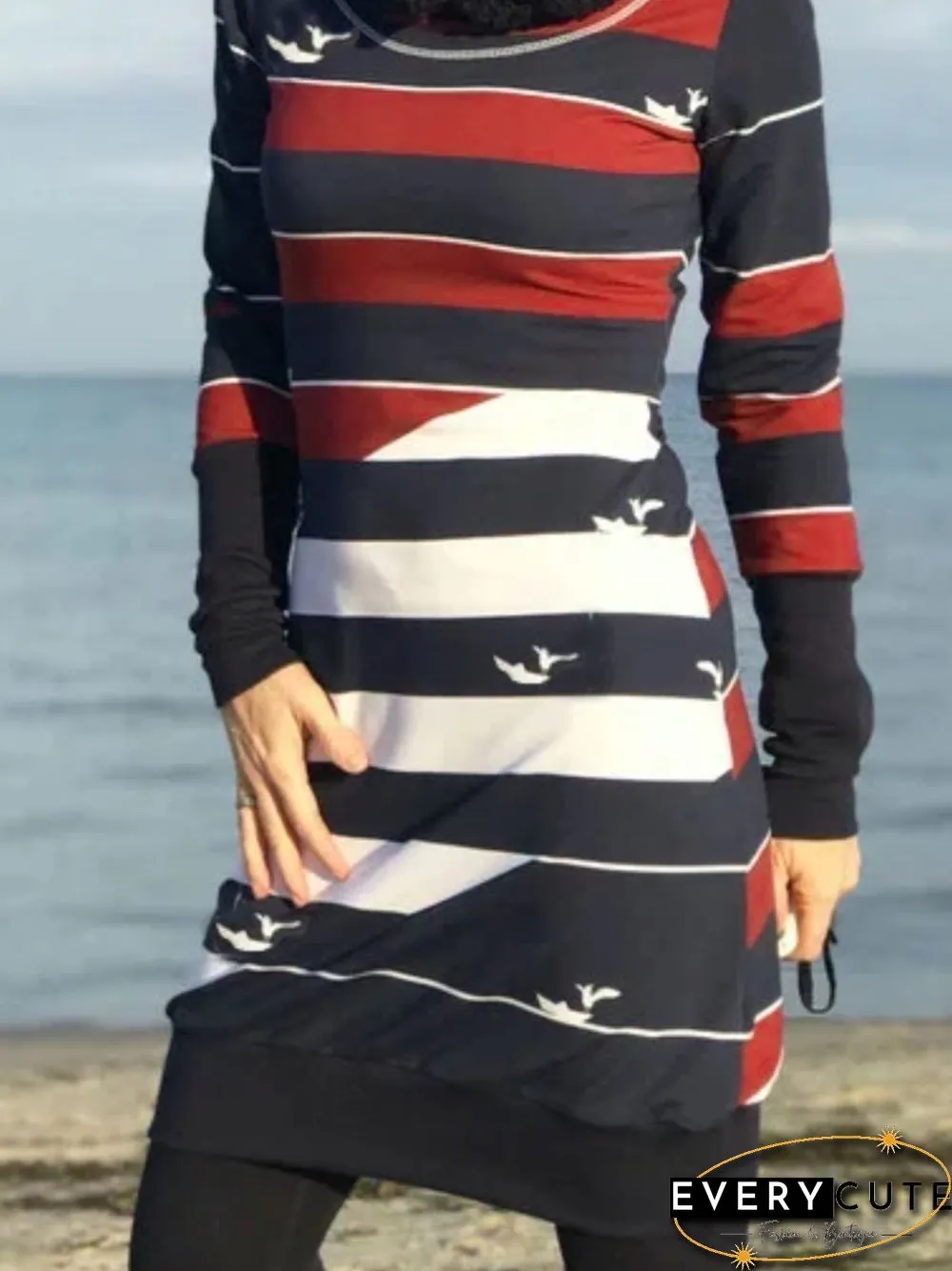 Crew Neck Casual Printed Cotton-Blend Knitting Dress