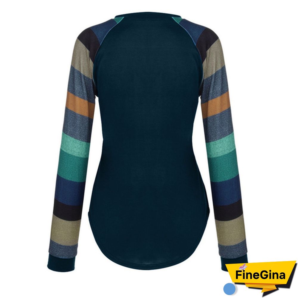 Women Spring-Autumn Stripe Sleeve Patchwork Casual Top T-Shirt Loose Long Sleeve Blouse S-XXL