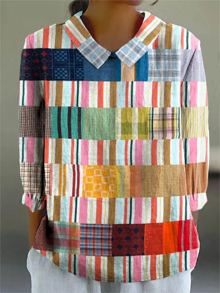 Women's Abstract Geometric Pattern Art Print Casual Cotton And Linen 3/4 Sleeve Shirt