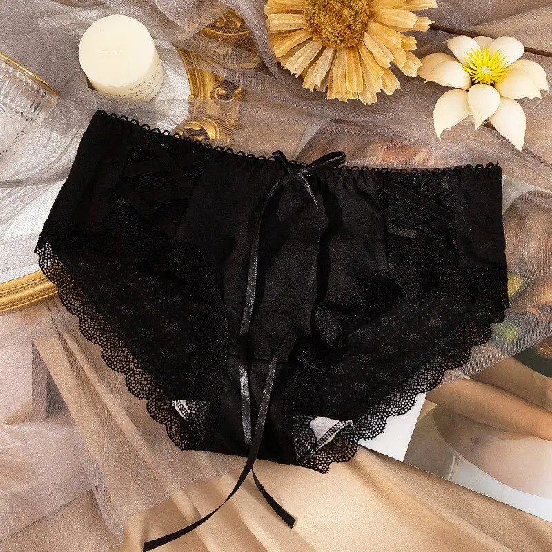 Billionm Girl Briefs Summer Thin Bow Tie Sling Hollow Lace Cotton Crotch Student Cute Candy Color Fashion and Comfortable WOMEN Loli